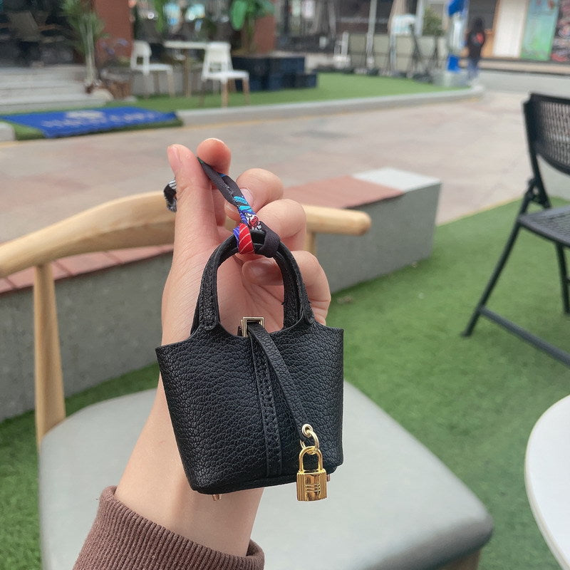 Mini Bucket Bag Car Keychain Leather Handbag Pendant Airpods Case Mini  Picotin